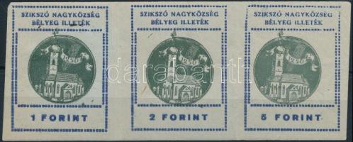 1947 Szikszó Községi illetékbélyegek 1-3 sz. zöld papíron fogazatlan hármas összefüggésben (80.000)