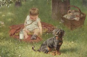 Ein treuer Wächter. A faithful guardian. Child with dachshund. Deutsche Meister Series No. 4406. (EK)