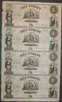 18.. Emigrációs "Kossuth bankók" 1Ft A,B,C,D összefüggő 4-es ívben, rajta erős nymdafestékes foltokkal a nyomdász ujjától T:I
