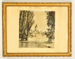 Beron Gyula (1885-1971): Falu, rézkarc, papír, jelzett, üvegezett fa keretben, 29×29 cm
