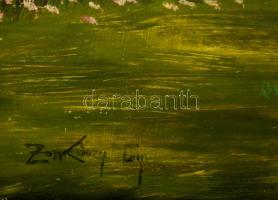 Zorkóczy jelzéssel: Kivágott fák. Olaj, farost, keretben, 49×49 cm