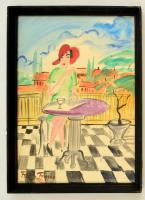 Frank jelzéssel: Kalapos hölgy az asztalnál. Akvarell, papír, üvegezett keretben, 38×28 cm