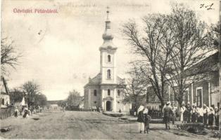 Petárda, Baranjsko Petrovo Selo; utcakép templommal, népi ünnepség / street view with church, folk festival