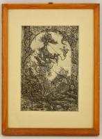 Balla Margit (1947-): Sárkány, rézkarc, papír, jelzett, üvegezett fa keretben, 30×20 cm