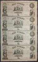18.. Emigrációs "Kossuth bankók" 1Ft A,B,C,D összefüggő 4-es ívben, rajta erős nymdafestékes foltokkal a nyomdász ujjától T:I