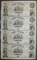 18.. Emigrációs "Kossuth bankók" 1Ft A,B,C,D összefüggő 4-es ívben, rajta erős nymdafestékes foltokkal a nyomdász ujjától T:I