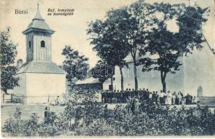Borsi, Borsa; Református templom és harangláb + I. Ker. Nemzeti Asztaltársaság 1910 pecsétje / Calvinist church and belfry (EK)