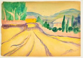 MT jelzéssel: Sárga ház a domboknál. Akvarell, papír, 31×44 cm