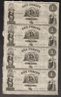 18.. Emigrációs "Kossuth bankók" 1Ft A,B,C,D összefüggő 4-es ívben, rajta erős nymdafestékes foltokkal a nyomdász ujjától T:I