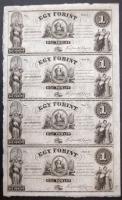 18.. Emigrációs "Kossuth bankók" 1Ft A,B,C,D összefüggő 4-es ívben, rajta erős nymdafestékes foltokkal a nyomdász ujjától T:I