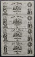 18.. Emigrációs "Kossuth bankók" 1Ft A,B,C,D összefüggő 4-es ívben, rajta erős nymdafestékes foltokkal a nyomdász ujjától T:I