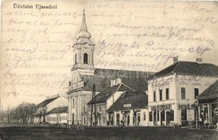 1915 Arad, Újarad, Aradul Nou; utcakép, Hackel Gyula üzlete, templom / street view with shop, church (EK)