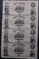 18.. Emigrációs "Kossuth bankók" 1Ft A,B,C,D összefüggő 4-es ívben, rajta erős nymdafestékes foltokkal a nyomdász ujjától T:I