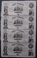 18.. Emigrációs "Kossuth bankók" 1Ft A,B,C,D összefüggő 4-es ívben, rajta erős nymdafestékes foltokkal a nyomdász ujjától T:I