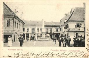 1899 Székelyudvarhely, Odorheiu Secuiesc; Millenium szobor, liszt és termény kereskedés, Hodor Károly üzlete, kiadja Gál János / statue, shops (EK)