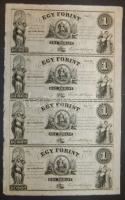 18.. Emigrációs "Kossuth bankók" 1Ft A,B,C,D összefüggő 4-es ívben, rajta erős nymdafestékes foltokkal a nyomdász ujjától T:I