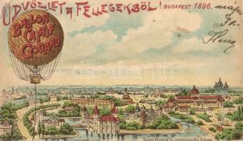 1896 Budapest. Üdvözlet a fellegekből Eugéne Godard hőlégballonja (Ballon Captif Godard); Kunosy Vilmos és Fia zeneműnyomdájából, litho (ragasztott sarok / glued corner)