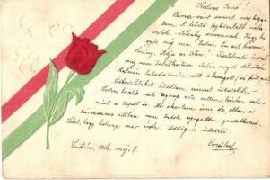 Magyar tulipános és zászlós hazafias képeslap / Hungarian patriotic propaganda card with tulip and flag, Emb. silk card