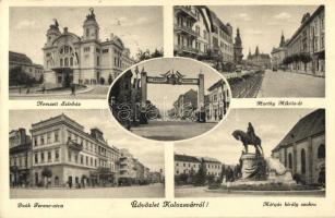 Kolozsvár, Cluj; Nemzeti színház, Horthy Miklós út, Mátyás király szobor, Deák Ferenc utca / theatre, statue, streets