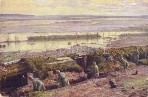 Weltkrieg 1914-1915 Unsere Stellung an der Nida / WWI K.u.K. military art postcard, trenches near Nida River (EK)