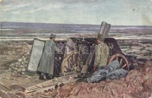 Világháború 1914-1915. Tüzérségi állás az orosz hadszíntéren / WWI K.u.K. military art postcard, artillery on the Russian front (EB)