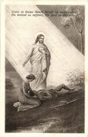 WWI K.u.k. military art postcard, Jesus with injured soldier and nurse. F.H. & S., W. IX. Nr. H. 69.