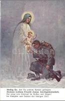WWI K.u.k. military art postcard, Virgin mary and Jesus with soldier. A.F.W. III/2. Nr. 753-3.