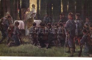 Gebet vor der Schlacht! / WWI K.u.k. military art postcard, camp mass. A.F.W. III/2. Nr. 677.