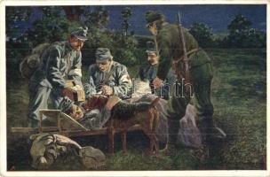 A mentő. Hadi-Park / K.F. A. Sanitätshunde, Der Retter / WWI K.u.k. military art postcard, rescue dog