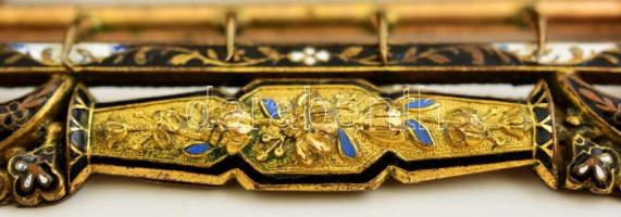 cca 1840 Régi réz övcsat, zománcozott díszítéssel, 9x4 cm