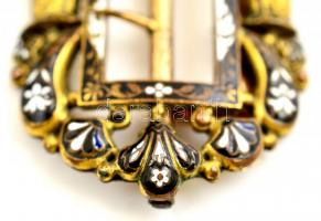 cca 1840 Régi réz övcsat, zománcozott díszítéssel, 9x4 cm