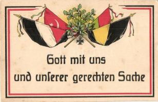 Gott mit uns und unserer gerechten Sache / Központi hatalmak propagandalap / Central Powers propaganda card, flags, Emb. litho