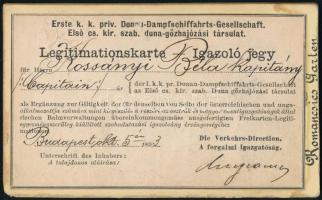 1893 Dunagőzhajózási Társaság fényképes igazolványa Kossányi Béla kapitány részére / DDSG captain ID