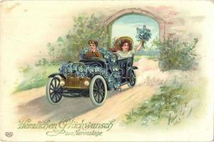 Herzlichen Glückwunsch zum Namenstage / Name Day greeting card, children in automobile, Emb. floral, litho (Rb)