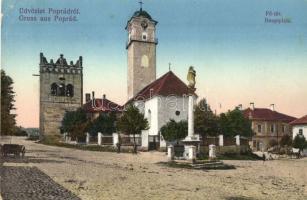 Poprád (Tátra), Fő tér, templom, Galló Ede üzlete / main square, church, shops (EK)