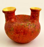 Retró két lyukú váza, mázas kerámia, jelzés nélkül, hibátlan, m: 13 cm