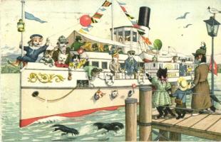 Cats on a steamship trip. Alfred Mainzer. No. 4745. by Max Künzli - modern postcard (gluemark)