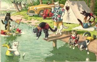 Cats on holiday at the lake. Alfred Mainzer. No. 4747. by Max Künzli - modern postcard (EK)