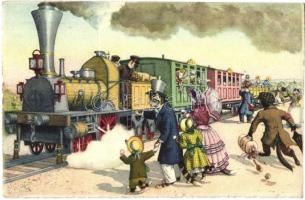Cats at the railway station, locomotive. Alfred Mainzer. No. 4740. by Max Künzli - modern postcard (gluemark)
