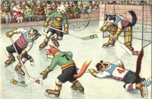Cats playing ice hockey. Alfred Mainzer. No. 4772. by Max Künzli - modern postcard (gluemark)