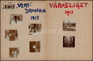 1913-1916 Budapesti hangulat: Very drogéria, Városliget, Margitsziget, ügető, Zugliget, Aquincum, Hűvösvölgy, összesen 64 db, lapokra ragasztva, különböző méretben