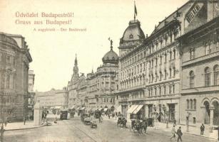 Budapest VIII. Nagykörút, Hotel Rémi szálloda, villamos, M. kir. Technológiai Iparmúzeum. Schmidt Edgar kiadása (EK)