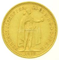 1898KB 10K Au "Ferenc József" Körmöcbánya (3.39g/0.900) T:2,2- / Hungary 1898KB 10 Korona Au "Franz Joseph" Kremnitz (3.39g/0.900) C:XF,VF  Huszár: 2200., Adamo K8