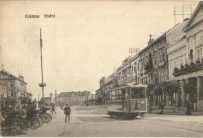 Kassa, Kosice; Fő utca, villamos, Asztalosok Bútorcsarnoka. Hátoldalon K.u.K: Militärzensur sitz der Kommission / main street with tram, carpenters furniture hall