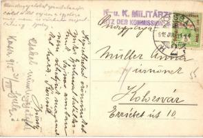 Kassa, Kosice; Fő utca, villamos, Asztalosok Bútorcsarnoka. Hátoldalon K.u.K: Militärzensur sitz der...