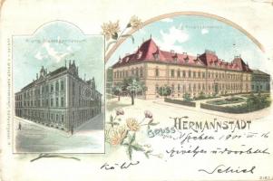 Nagyszeben, Hermannstadt, Sibiu; Magy. kir. állami gimnázium, Pénzügyigazgatóság / grammar school, Finance Directorate. F. Binder floral, litho (EK)