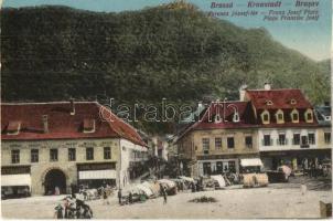 Brassó, Kronstadt, Brasov; Ferenc József tér, piac, Száva és Donszky, Carl Dendorfer, Moritz és Krauss és Simon Ferencz üzlete / square with market vendors and shops