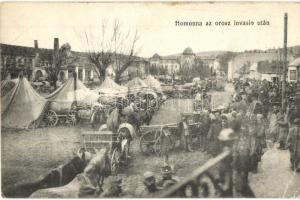 Homonna, Humenné; Fő tér az orosz invázió után, felállított katonai tábor / main square after the Russian invasion, military camp tents (EK)