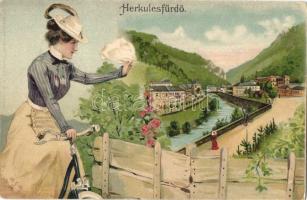 Herkulesfürdő, Baile Herculane; kerékpáros hölgy / lady on bicycle, litho art postcard