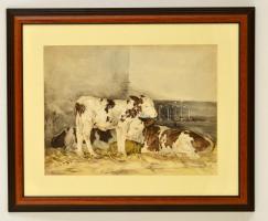 Edvi Illés Aladár (1858-1927): Tehenek. Színezett rézkarc, papír, jelzett, üvegezett fa keretben, paszpartuban, 34×46 cm